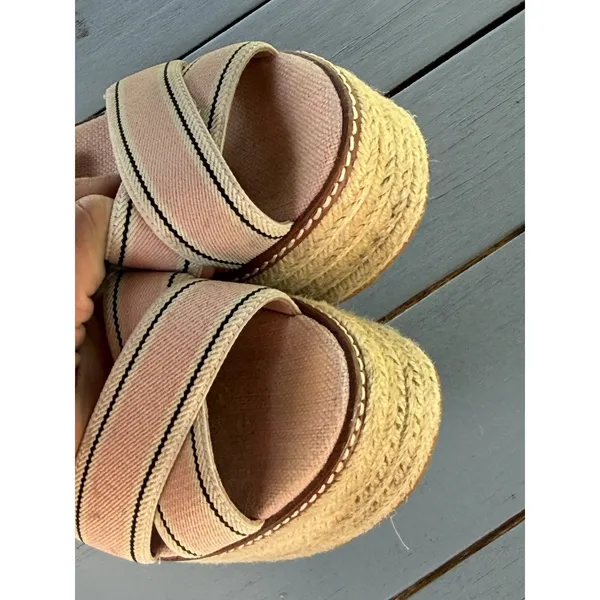 Tory Burch Pink Beige Striped Strappy Wedge Platform Slip-On Sandals Size 7M - Image 12