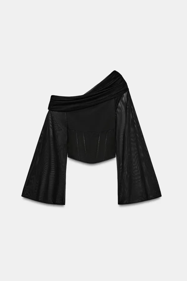 BNWT Zara Black Asymmetric Draped Bell Sleeve Tulle Top - Image 2