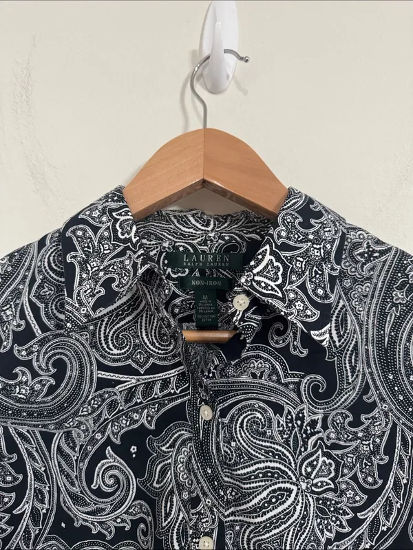 Lauren Ralph Lauren Black & White Paisley Non-Iron Button-Down Preppy Shirt sz M - Image 3