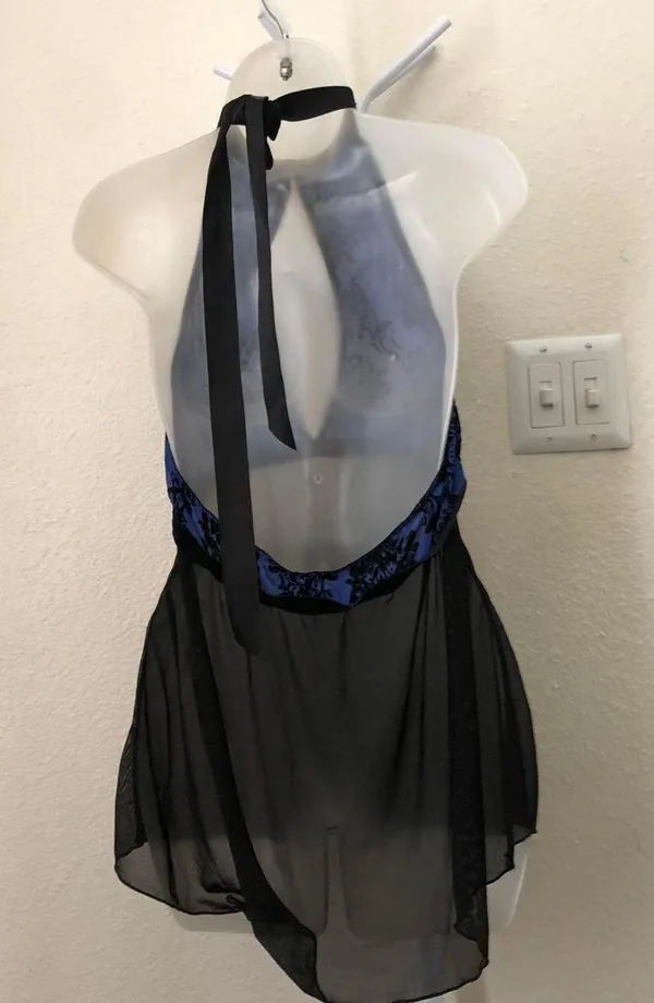 Plus size Black blue halter floral mini slip on tie back sexy lingerie top mini dress sheer choker neckline Size 1X /2X -excellent condition. Measurement in pics(stretchy) - Image 2