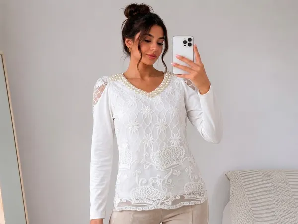 Elegant White Lined Lace & Pearl Long Sleeve Blouse - Coquette Style (Asian M) - Image 2