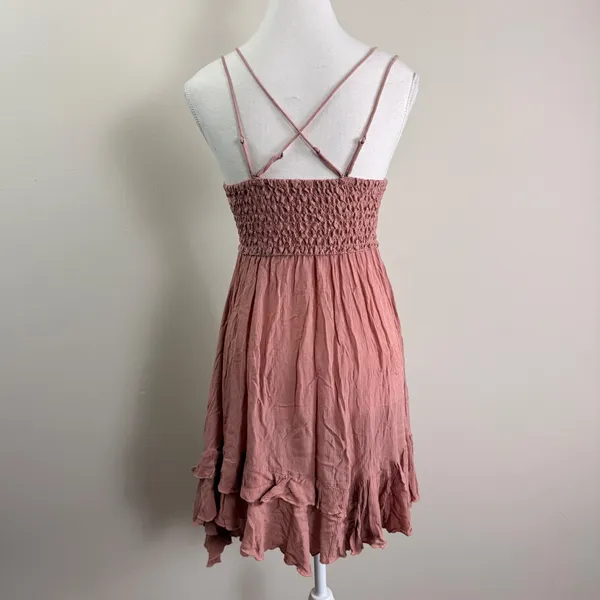 Free People FP One Adella Mini Dress Rose Pink Lace Boho Ruffle Smocked Medium - Image 3