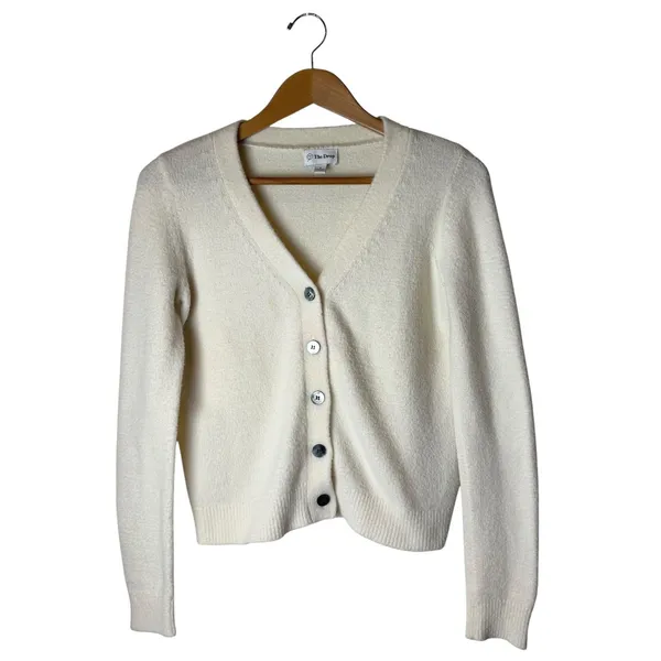 The Drop Francine V Neck Cardigan‎ Women Small Ivory Knit Cozy Fuzzy Sweater - Image 2
