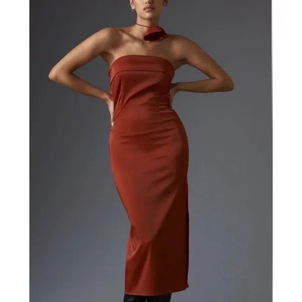 Anthropologie Strapless Satin Midi Dress XL Red Bodycon Side Slit NWT - Image 3