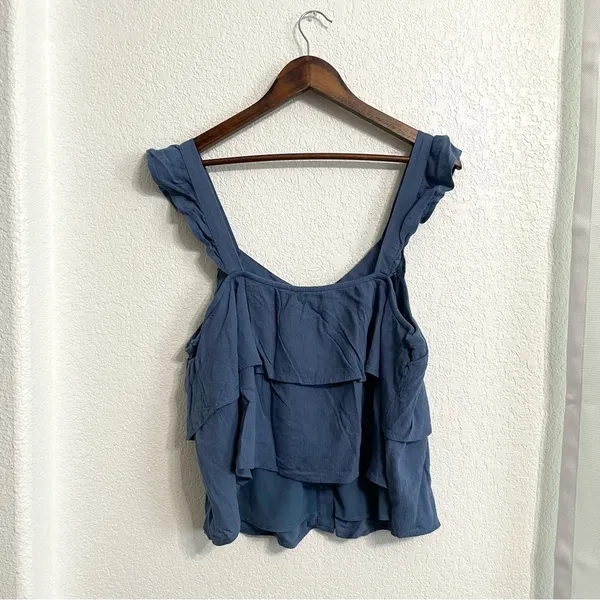 American Eagle Womens Shirt Top Blue Tiered Ruffle Button Front Size XL - Image 2
