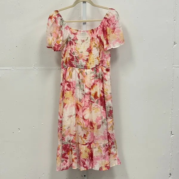 Boutique Luxology Floral Midi Dress Smocked Back Puff Sleeve‎ Size S Yellow Pink - Image 2