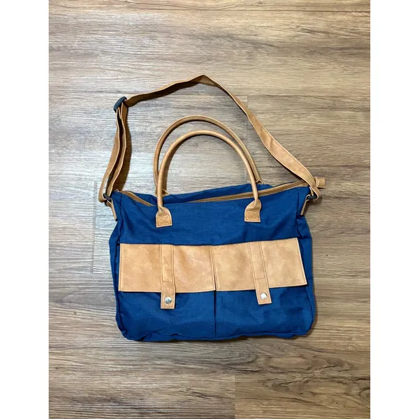 Blue Canvas Tote Bag with Tan Faux Leather Accents and Crossbody Strap - Image 2