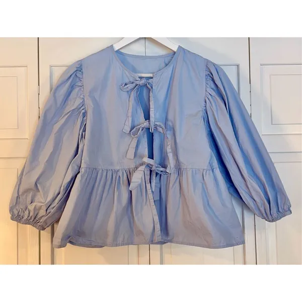 Blue cotton puff sleeve tie front fashion top size M - Image 8