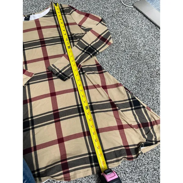 Lildy beige black burgundy plaid long-sleeve swing tunic dress With Pockets L-XL - Image 4