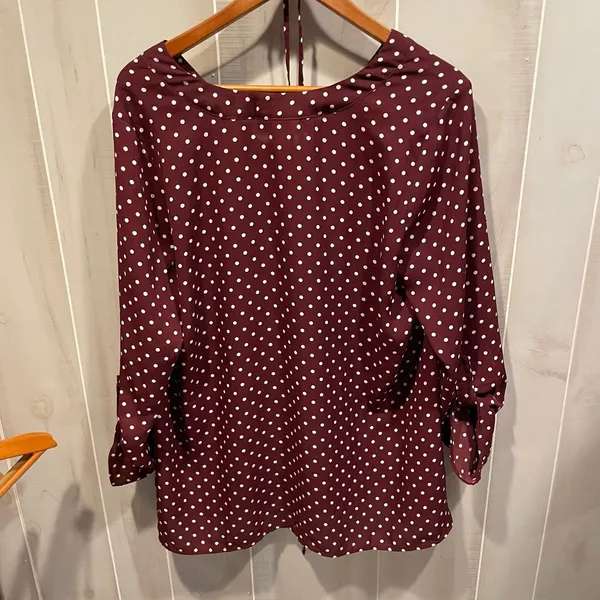 Cute maroon polka dot skinny tie waist Motherhood Maternity tunic blouse work - Image 3