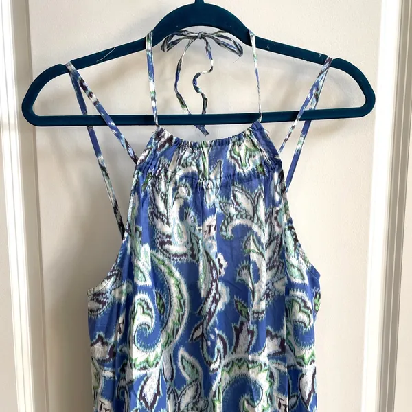 Zara Paisley Ikat Halter Midi Dress Womens XS Blue Boho Tiered‎ Cotton Summer - Image 5