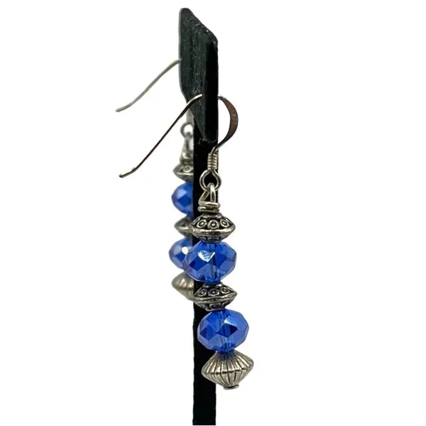Handmade 925 Sterling‎ Silver Hook Bead Drop Earrings Blue Saphire Glass Crystal - Image 3