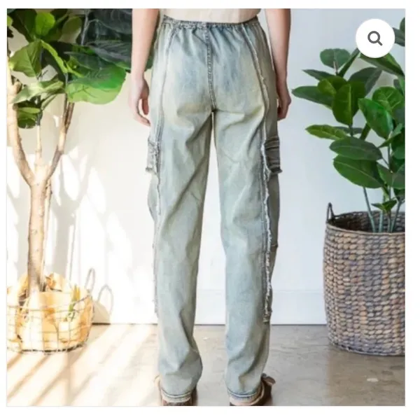 Oli‎ & Hali Yellow Wash Distressed Cargo Jeans XL Fringed Raw Edge Utility Pants - Image 14