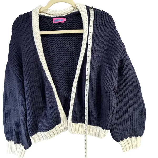 Edikted Contrast Chunky Knit Cardigan Womens XS/S Navy Ivory Oversized Cozy - Image 9