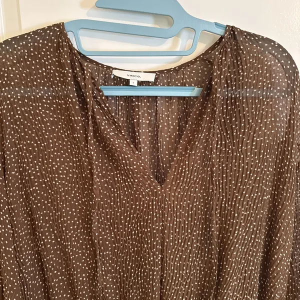 Vince Women's Brown Starry Dot Pleated Long Sleeve Sheer Midi Dress Sz Small - Image 2