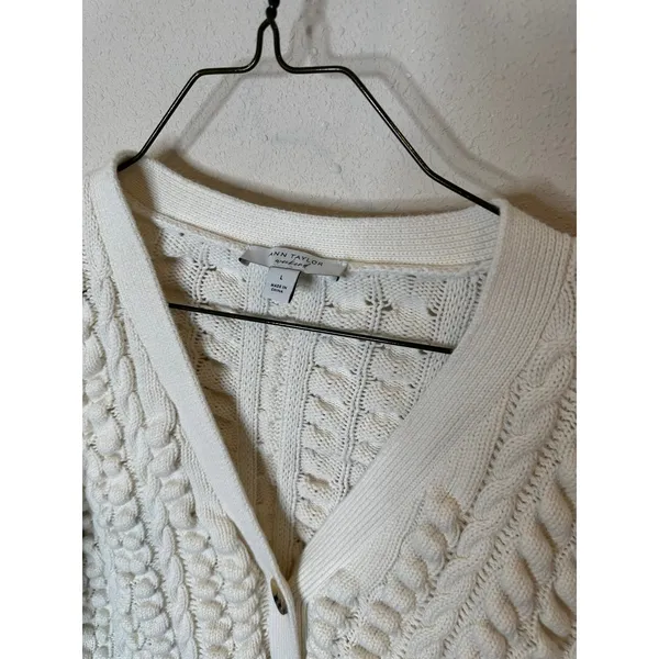 Ann Taylor Weekend Womens Cream‎ 100% Cotton Chunky Cable Bobble Knit Cardigan L - Image 2