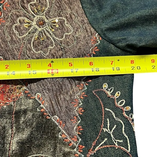 Vintage Womens Artsy Velvet Denim Patchwork Tapestry Jacket Size S Boho - Image 7