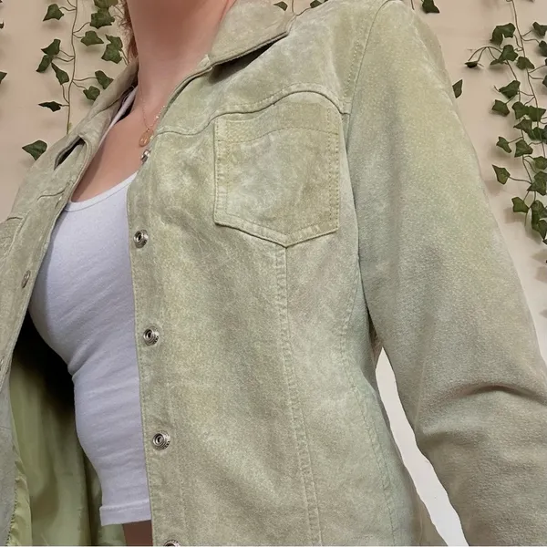 Live A Little Y2K 100% Leather Sage Green Leather Button Jacket - Image 5