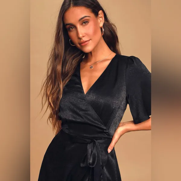 Lulus Wrapped Up In Love Black Satin Faux-Wrap Midi Dress - Image 2