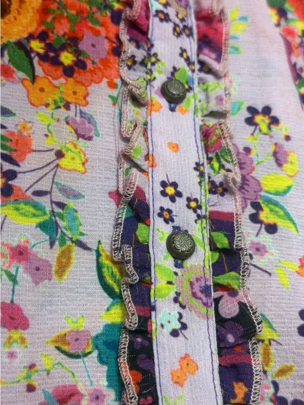 Aratta Silent Journey Mixed Floral Boho Tunic Top Ruffle Placket M Dopamine - Image 8