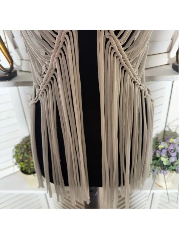Solitaire white fringes crochet vest top macrame boho fairy festival coastal S - Image 11