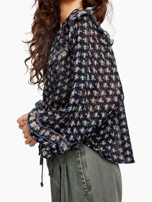 Free People Jenna Top Printed Long Sleeve Blouse Size Small Black Blue White - Image 4