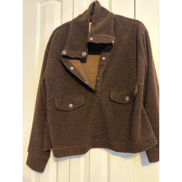 C&C California Brown‎ Fuzzy Fleece Snap Neck Pullover Top Women's Size L - Image 3