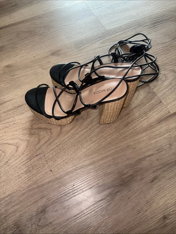 TOP Moda Black Lace-Up Woven Block Heel Sandals size 8.5 - Image 5