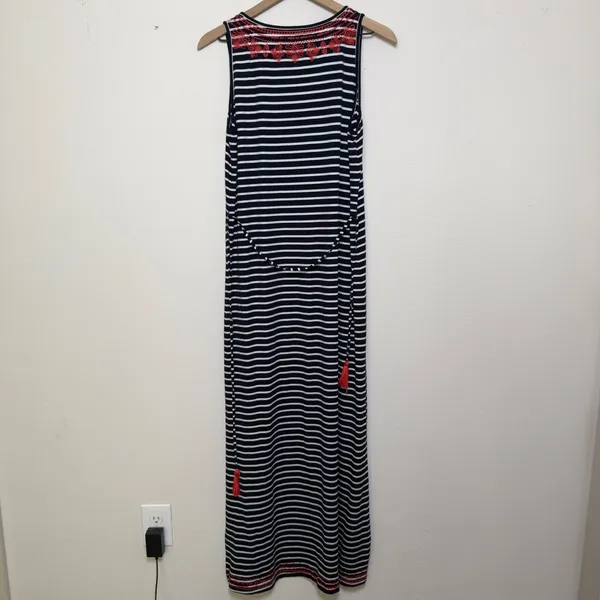 THML‎ Women Maxi Dress Medium Blue White Striped Red Embroidered Boho Resort - Image 7