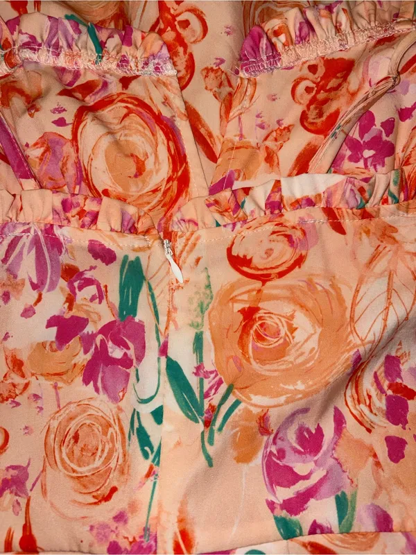 Floral Romper Fits Like Medium Sweetheart Neck Ruffled Peach Pink Shorts - Image 4