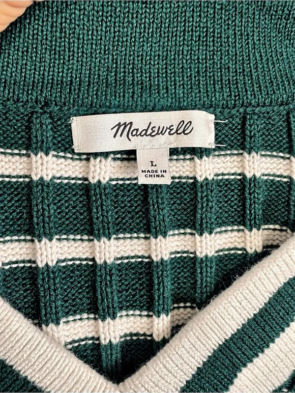 Madewell V-Neck Striped Sweater Striped V-Neck Cotton Cashmere Sweater in Green - Image 8