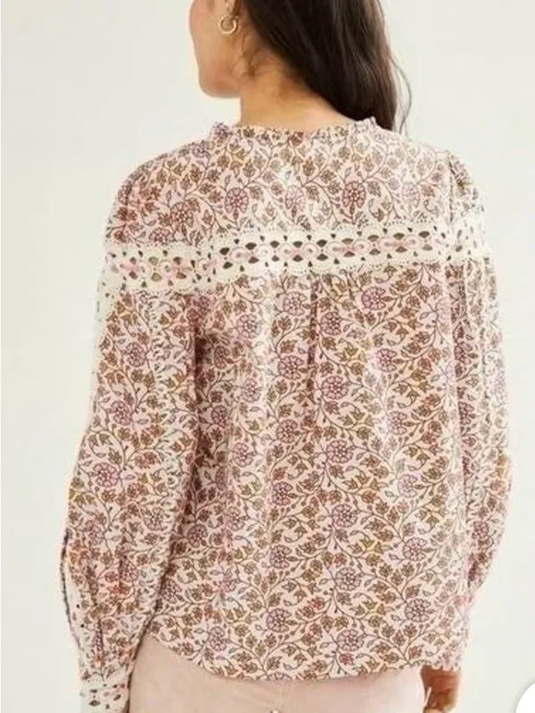 Rahi Blouse Womens Small Pearl ButtonsBoho Floral Lace-Trim Blouse - Image 3