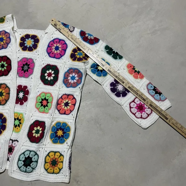 Granny Square Handmade Crochet Cardigan Woolen Knit Colorful Homemade SZ Medium - Image 4