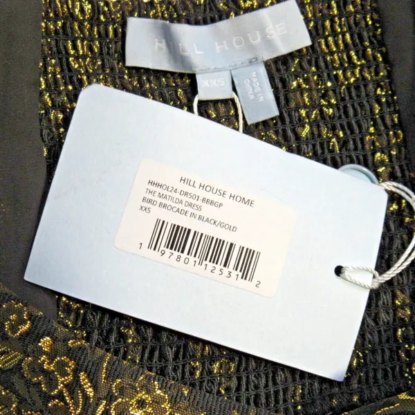 NWT Hill House The Matilda in Black Gold Bird Brocade Smocked Dress XXS - Image 3