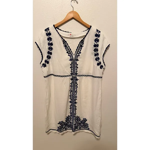 Boden Shift Dress Sz 16 Ivory Navy Blue Embroidered Linen V-Neck Boho Vacation - Image 4