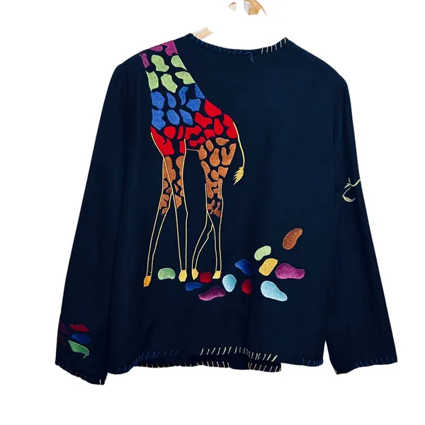 Drapers Damons Women Button Jacket L Black Giraffe Embroidered Statement Artwear - Image 2