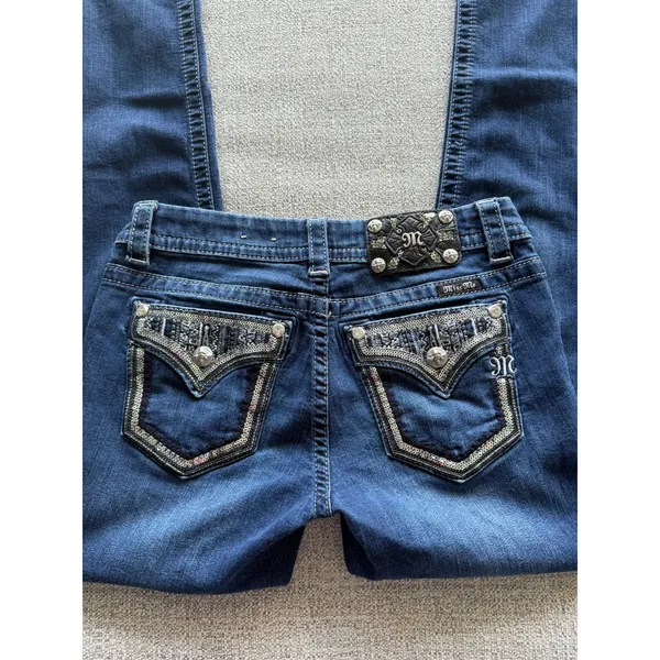 Miss Me Easy Skinny Jeans Womens 26 Dark Wash Embellished Sequin Flap Pocket Mid - Image 2