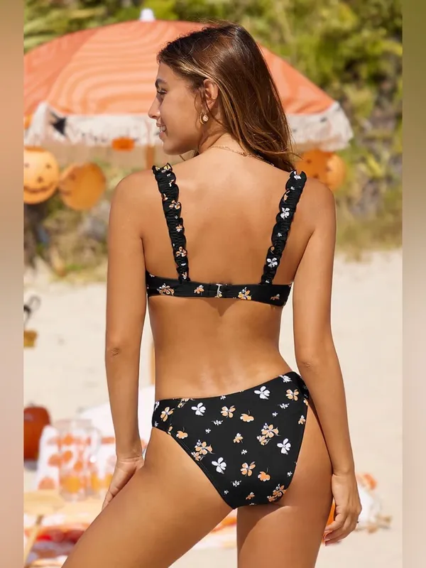 NWT Cupshe black swimsuit with orange and yellow floral trim L - Image 2