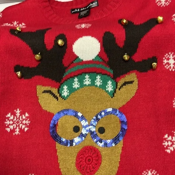 United States Sweater Red Christmas Crewneck Sweater with Reindeer & Bells-Small - Image 12