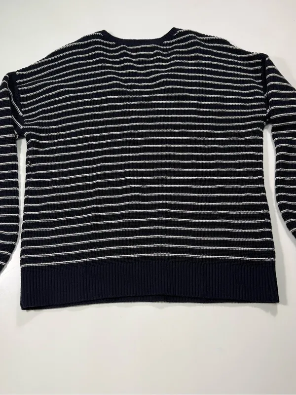 LOFT 100% Cotton Navy and White Striped V-Neck Pullover - Image 7