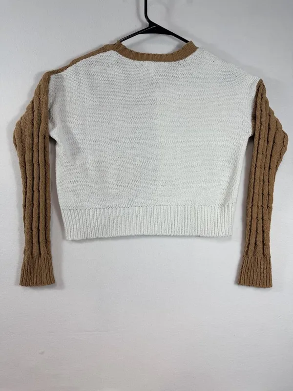 Derek Heart Women’s Small Brown Ivory Colorblock Cable Knit Cropped‎ Sweater - Image 3