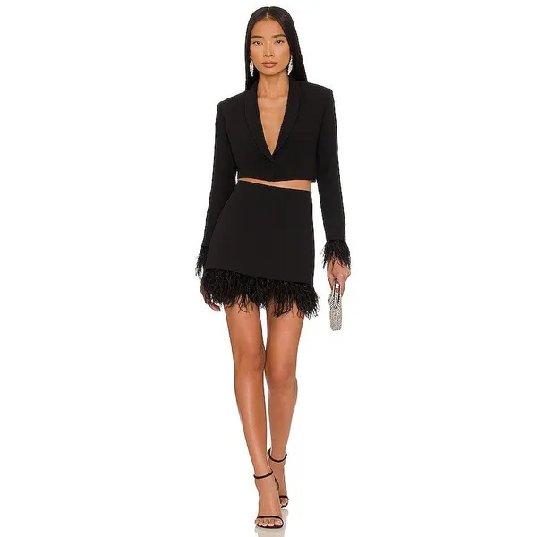 Amanda Uprichard Dessa Mini Skirt Womens XS Black Feather Trim Glam Party Modern - Image 3