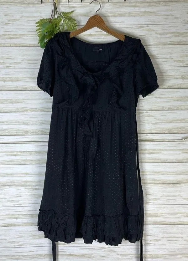 Next Black Viscose Swiss Dotted Ruffle Witchy Dress - Image 2