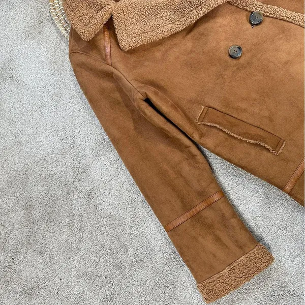 Stradivarius Women’s Faux Suede Teddy Shearling Long Coat Jacket in Brown L - Image 4