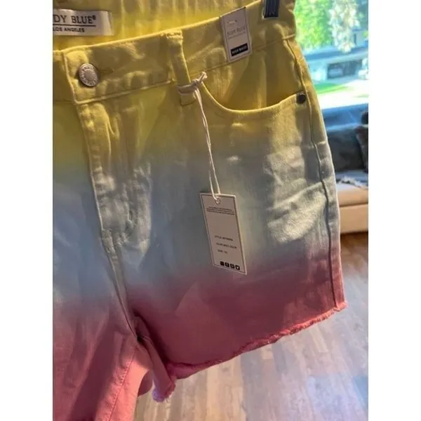 Judy Blue Large Cut Off Denim Shorts Dip Dye Ombre Yellow Blue Pink Frayed NWT - Image 3