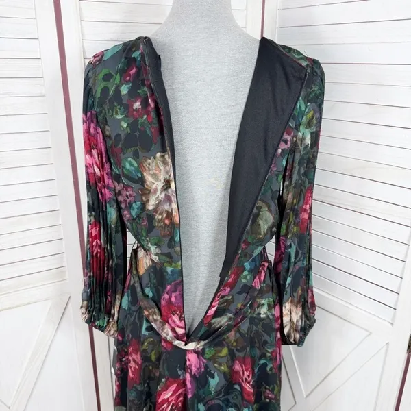 Maison Tara Dark Floral Pleated Sleeve Chiffon Fit Flare Dress Black Multi 10‎ - Image 7
