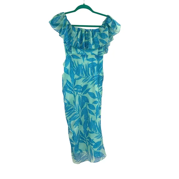 Amanda Uprichard Rosalinda Off-Shoulder Dress Tropical‎ Print Green Blue Size XS - Image 8