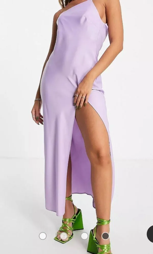 ASOS DESIGN one shoulder midaxi dress in satin with drape back in lilac - Image 4