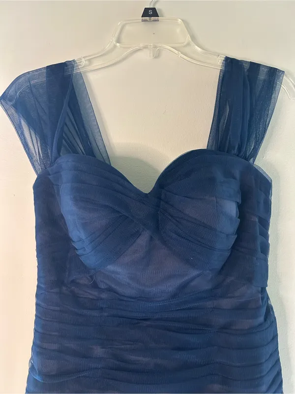 Navy Blue Sheer Overlay Ruched Cocktail Dress - Image 2