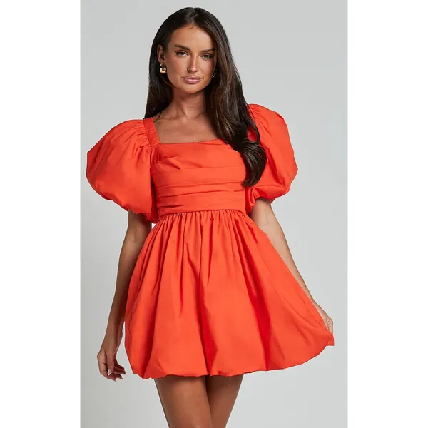 Showpo Tamara Puff Sleeve Mini Dress - NWOT Ruched Cotton Orange Dress US 8 - Image 3
